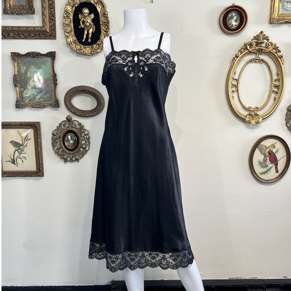 Vintage Barbizon Black Lace Trim Embroidered Slip Midi Dress